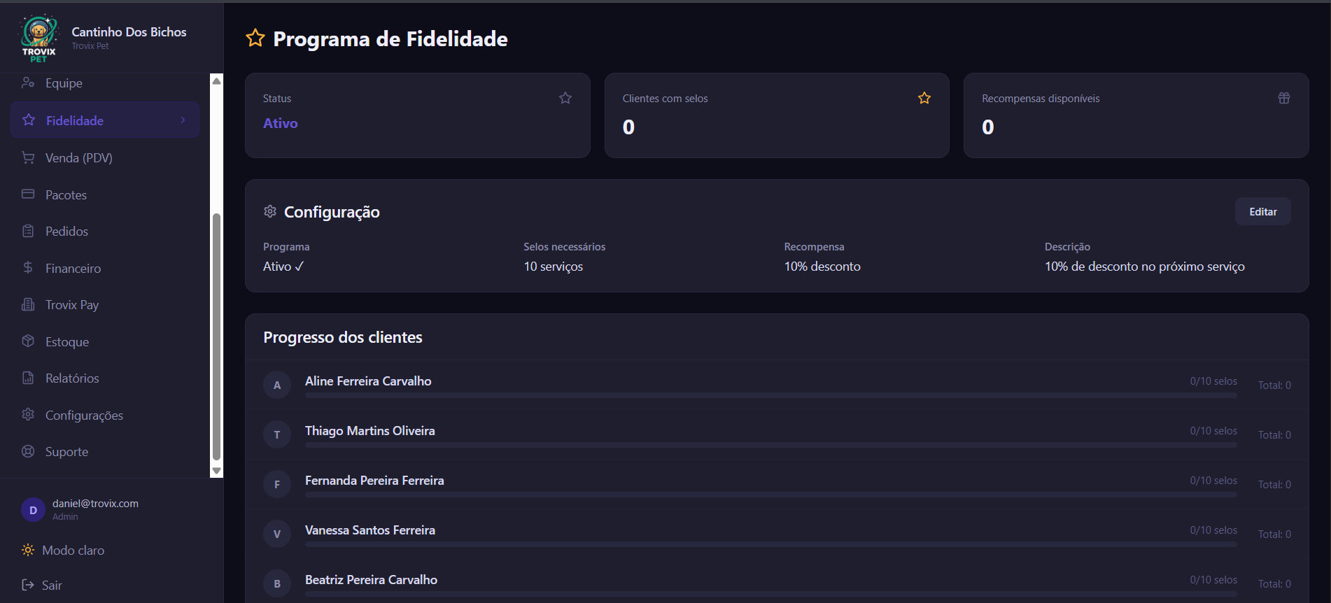 Tela do programa de fidelidade do Trovix Pet — selos e recompensas para clientes